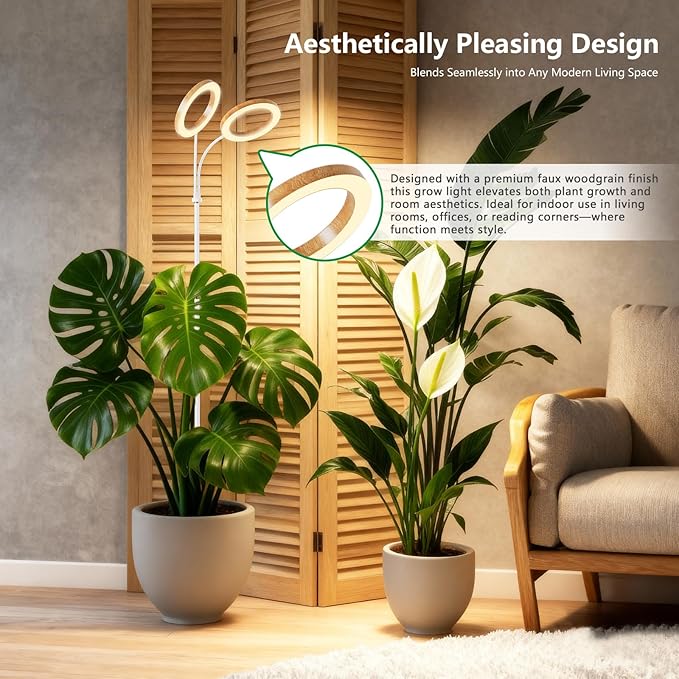 SDOVUERC Full Spectrum Grow Light with Stand for Indoor Plants, Floor Plant Light, 6/12/18H Timer, 3 Color Modes, Adjustable Height 16.5–68in, for Large Plants & Home Décor(2 Heads,Faux Wood Grain)