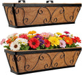 24 Inch Window Box Planter with Adjustable Brackets for Hanging Outdoor Plants, 2 Pack Railing Planter Boxes with Coco Liners for Balcony Deck Porch & Patio Garden Decor, Black