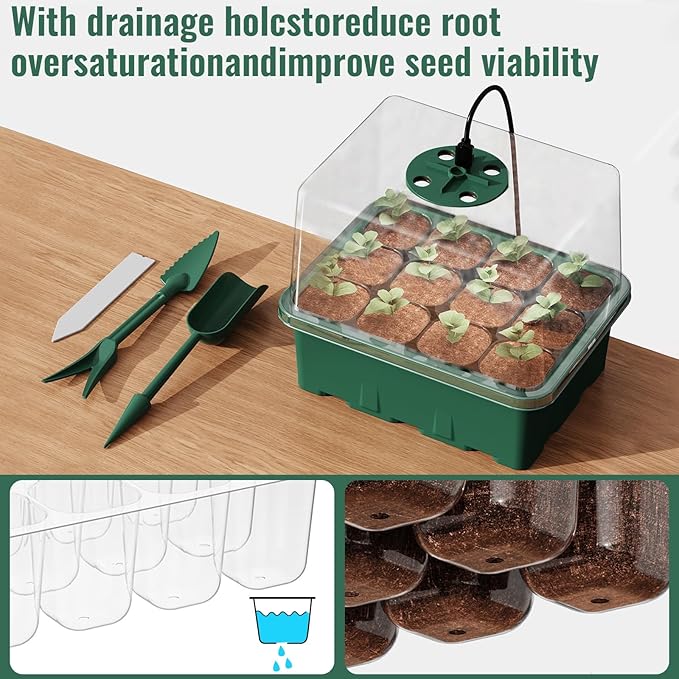 Seed Starter Tray with Grow Light, 5 Pack 60 Cells Seed Starter kit with Humidity Dome and Base, Plant Seedling Trays Indoor Greenhouse Gardening (Green 5 Pack)