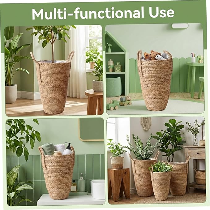 3PCS Rattan Planter, 3 Sizes Seagrass Woven Plant Basket with Waterproof Liner, Plant Baskets Indoor with Handle for Balcony Home Decoration|Flowerpot