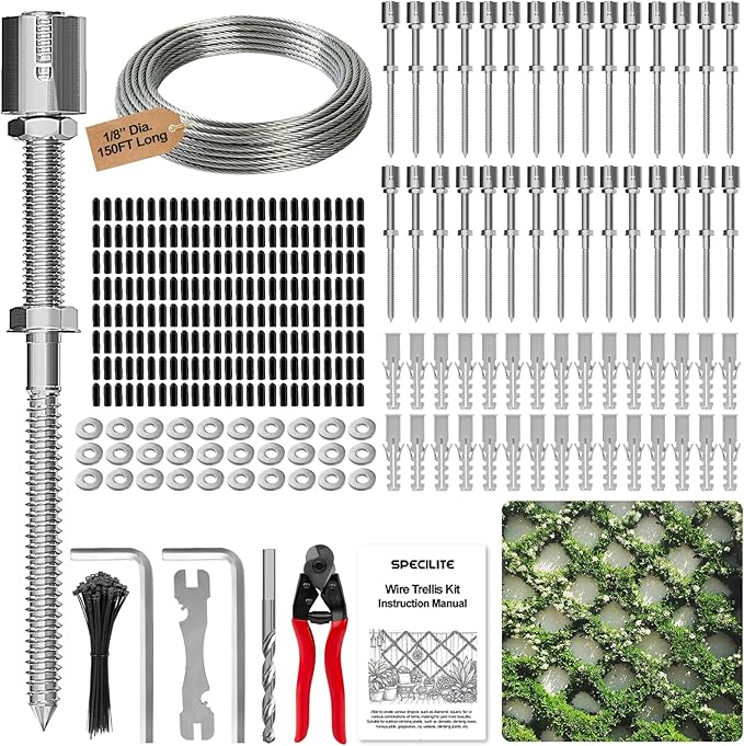 SPECILITE Wire Trellis for Climbing Plants Outdoor, 30-Set T316 Stainless Steel Wall Trellis Kit, 1/8in x 150ft Ropes with Cable Cutter, Espalier System for Fence Wall and Garden DIY