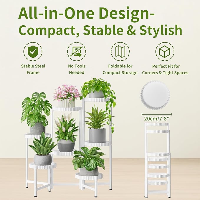 7 Tier Large Plant Stand Indoor, 7.9 Inch Wide Tall Corner Metal Plant Stands Outdoor for Multiple Plants, Folable Tiered Flower Display Holder Rack Shelf for House Patio Garden - WhiteFloroma