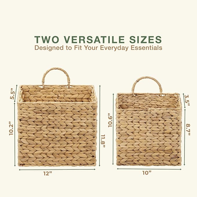 Set of 2 Wicker Hanging Basket for Organizing, Front Door, Mail, Flowers - Woven Wall Baskets for Storage