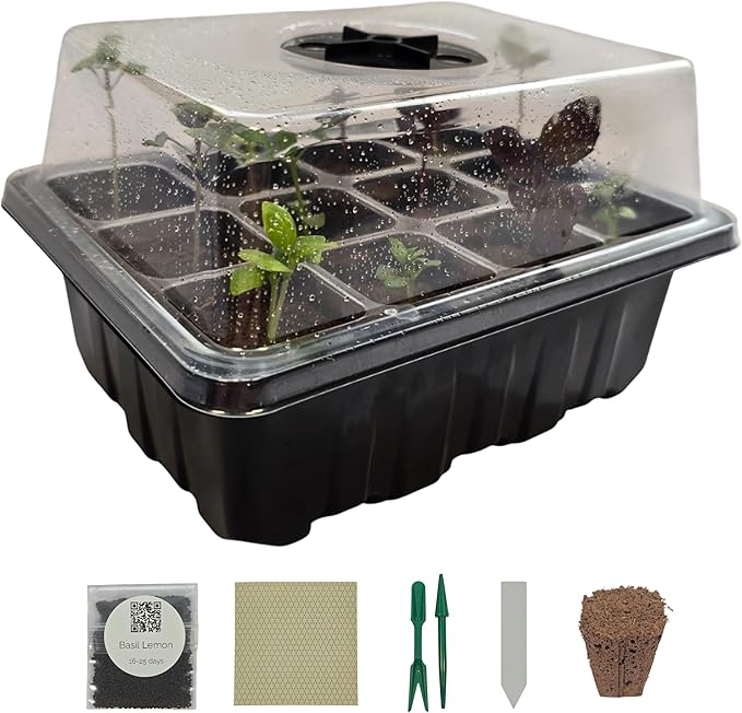 Seed Starter Kit with Humidity Dome – 12-Cell Indoor Pre-Seeded Seed Starting Tray with Basil & Microgreens – Complete Growing Kit with Seeds Included