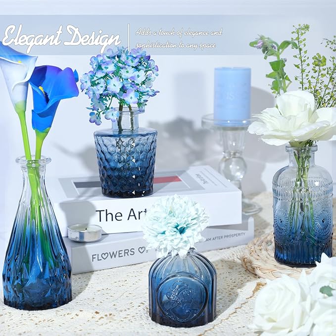 TBWIND Glass Bud Vase Set of 5, Small Blue Flower Vases for Centerpieces in Bulk, Mini Vintage Vase for Wedding Decor, Single Flowers, and Home Table Décor