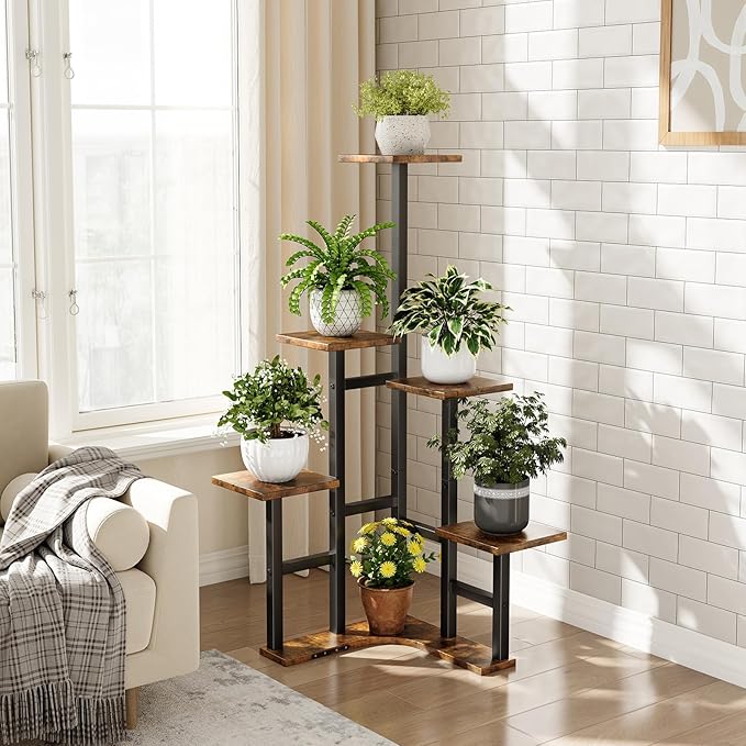 Yzosvki Corner Plant Stand Indoor, 6 Tiered Corner Plant Shelf Flower Stand for Multiple Plants, Plant Shelves Organizer Rack for Living Room, Balcony, Patio, Garden, Square Rustic Brown