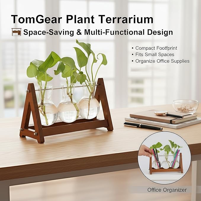 Plant Terrarium with Wooden Stand, 3 Bulb Glass Vase Metal Holder, Retro Hydroponics Planter for Home/Garden/Office Decor, for Women & Mom (1, Natural Wood, 3-Bulb)