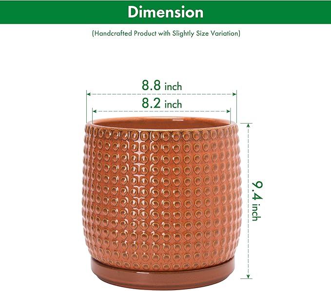 D'vine Dev 8 Inch Ceramic Beaded Stoneware Planter Pot - Flower Pot with Drainage Holes and Saucers for Indoor Succulent Plants or Flowers, Pumpkin, 27-C-Q-J