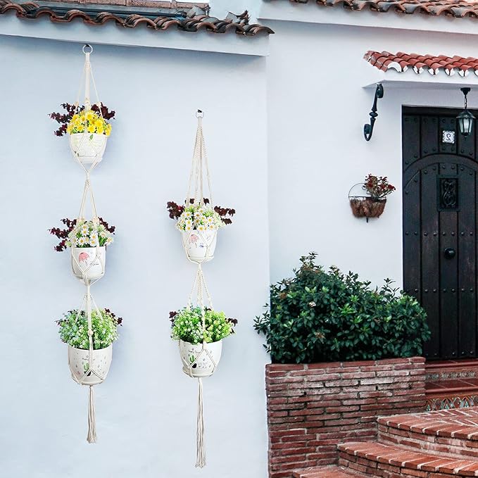 PEN&H Wall Macrame Plant Hanger Set of 5, Handmade Cotton Rope Planters Flowers Hanger, Bohemian Style Hanging Plants Holder for Indoor Outdoor Decoration Creamy White (POTS NOT Included)