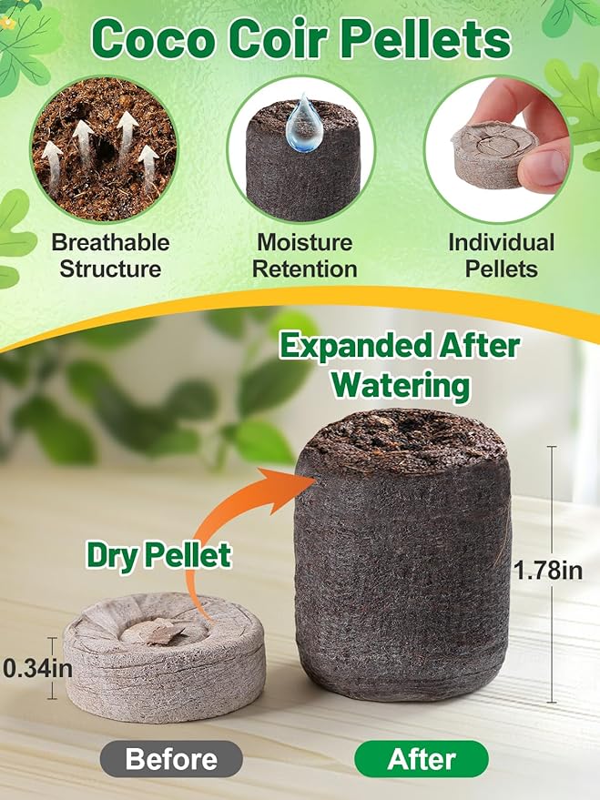 Apipi 5 Pack Seed Starter Kit with 60 Coco Coir Pellets - 60 Cell Seed Starter Trays with Domes for Indoor Greenhouse Germination, Home Gardening System for Vegetables/Herbs/Flowers