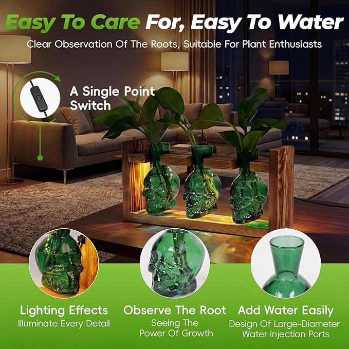 Skull Plant Propagation Station with LED Lights - Halloween Decor Skull Planter, Hydroponics Pot for Office, Unique Gifts for Women & Plant Lovers(Grey)