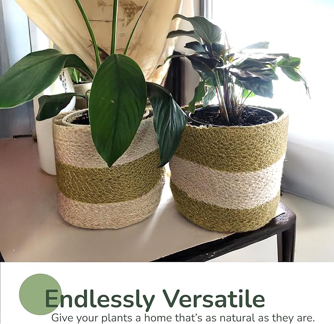 Jute Planter Basket-Woven Jute Rope Covers for Decorating Indoor/Outdoor Succulents, Small Plant Pots-Set of 2-Multi-Purpose Storage Bins 6.5 Inches - Modern Style Décor- Olive & Natural