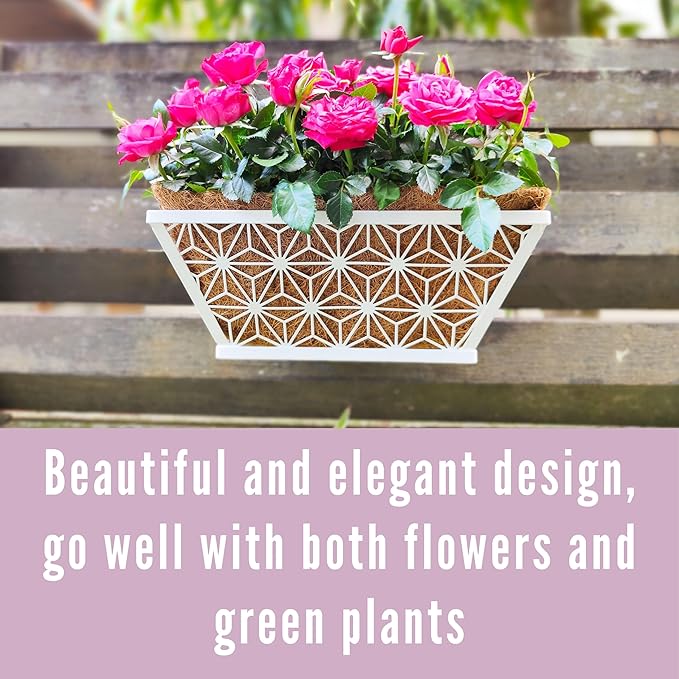 LaLaGreen Window Boxes Planter (2 Pack, 12 Inch) White Metal Rectangular Wall Planters with Coco Liner, Horse Trough Deck Railing for Outdoor Plants Holder, Modern Rail, Balcony, Fence, Porch Patio