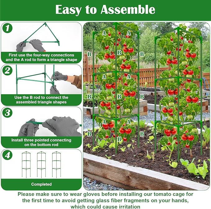 6 Packs Fiberglass Tomato Cages for Garden, 56 Inch Tall Tomato Plant Support, Adjustable Cucumber Stakes Plant Climbing Trellis for Garden Vegetables Fruits, Climbing Bean Support Cages with Clips