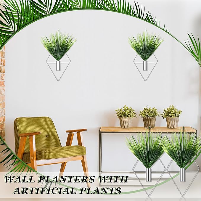 Canlierr 2 Pieces Wall Decor Hanging Planters with Artificial Plants Metal Hanging Vase Indoor Plants Holder Modern Boho Wall Art for Bathroom Bedroom Living Room Decor(Silver,Aquatic Plant)
