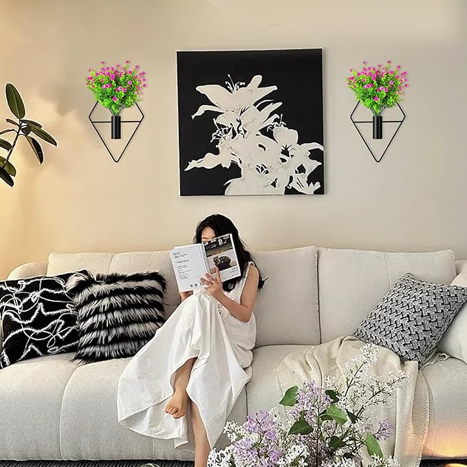 2 Pack Wall Decor Hanging Planters with Artificial Plants Metal Hanging Vase Indoor Plants Holder Modern Boho Wall Art for Bathroom Bedroom Living Room Office (Black Eucalyptus)