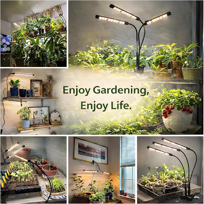 SDOVUERC 3head Plant Lights, 2Pack Grow Lights for Seed Starting, Full Spectrum Growing Lamps with Clip for Indoor Plants, Auto ON & Off Timer 3/9/12H, 3 Switch Modes, 10-Level Dimmable Brightness