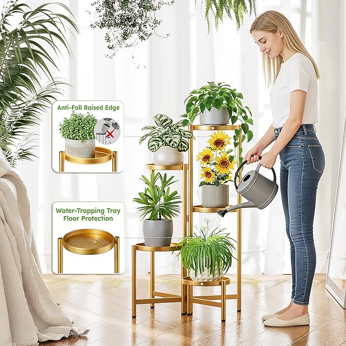 Gold Stand Plants, 5 Tiered Plant Stand Indoor for Multiple Large Planter, Tall Heavy Duty Adjustable Folding Rack with Rustproof 7.9 Inch Wide Tray, Plant Shelf for Corner - GoldDisk