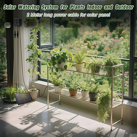 Solar Drip Irrigation System for Garden, Automatic Drip Irrigation Kit with 33FT Tubing, Solar Powered Plant Watering Device for Potted Plants, Vacation, Outdoor No Wiring Needed (10 Pots)
