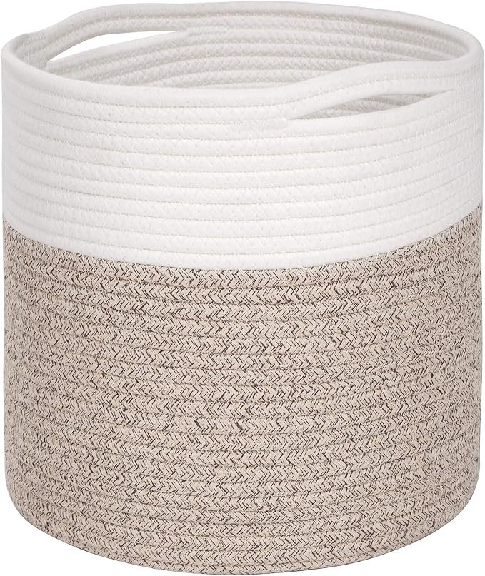 MINTWOOD Design 11 x 11 Inches Cotton Rope Basket for Flower Pot and Indoor Floor Planters, Decorative Round Woven Plant Pot Basket, Planter Covers, Small Dog Toy Storage Baskets, Light Brown