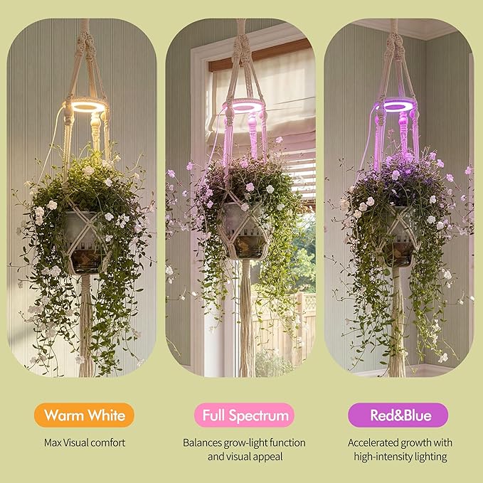 Hanging Plant Grow Lights for Indoor Plants with Timer, Wall Mounted Full Spectrum Pendant Growing Light with Macrame Plant Hanger, Ceiling LED Planta Luz for Potted Plants Home Decor