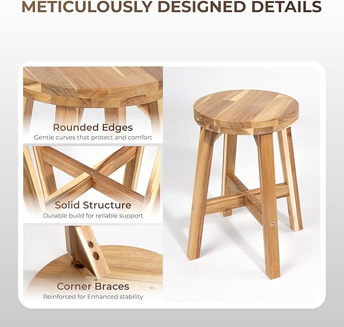 ARROWSTONE Round Stool Acacia Wood, 18" Height, 11'' Round Top, Backless, Easy Assembly, Natural Wax Finish, Wooden Stool for Plant, Dining Room, Kitchen Counter, Makeup
