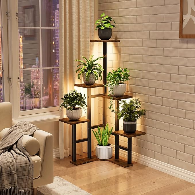 Yzosvki Corner Plant Stand Indoor with Grow Lights, 6 Tiered Corner Plant Shelf Flower Stand for Multiple Plants, Plant Shelves Organizer Rack for Living Room, Balcony, Patio, Square Rustic Brown