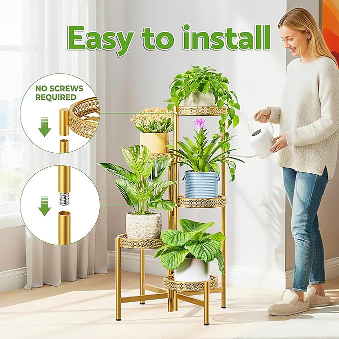 Gold Plant Stand Indoor Outdoor, Corner Metal Flower Pot Stands for Multiple Plants, 5 Tier Heavy Duty Plant Shelf for Patio Garden Balcony Living Room Bedroom - GoldWave
