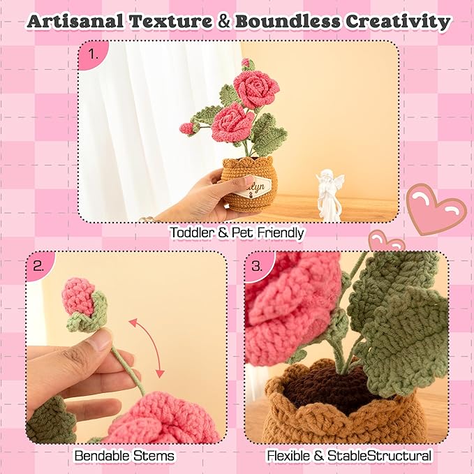 Crochet Flowers with Personalized Leather Name Tag Handmade Knitted Flowers for Home Office Desk Decor Crochet Rose Flower Potted Plant Crochet Gift for Women,Mom,Teacher, Birthday(Pink)
