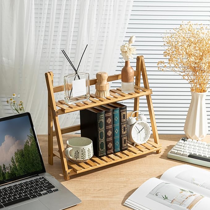 Yalikop Matcha Station Shelf,15.7'' Coffee Station Organizer, 2 Tiers Bamboo Mug Holder Countertop,Desktop Flower Pot Rack for Home Living Room Window Sill Foldable Display Storage Shelf(Wood)