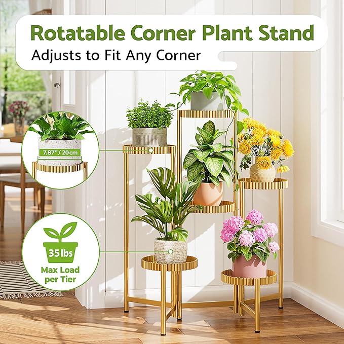 6 Tier Large Tiered Plant Stand Indoor, 7.9 Inch Wide Tall Corner Metal Plant Stands Outdoor for Multiple Plants, Folding Tall Flower Display Holder Rack Shelf for Patio Porch -GoldFloroma