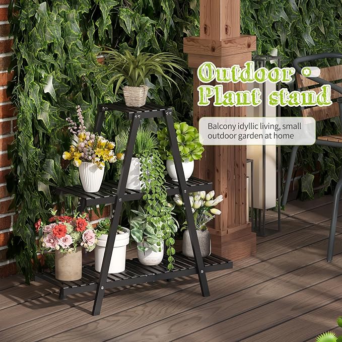 BMOSU Plant Stand Bamboo for Indoor Outdoor Tiered Plant Shelf 8 Potted Flower Holder Ladder Rack Garden Balcony Living Room Patio(3 Tier Black)