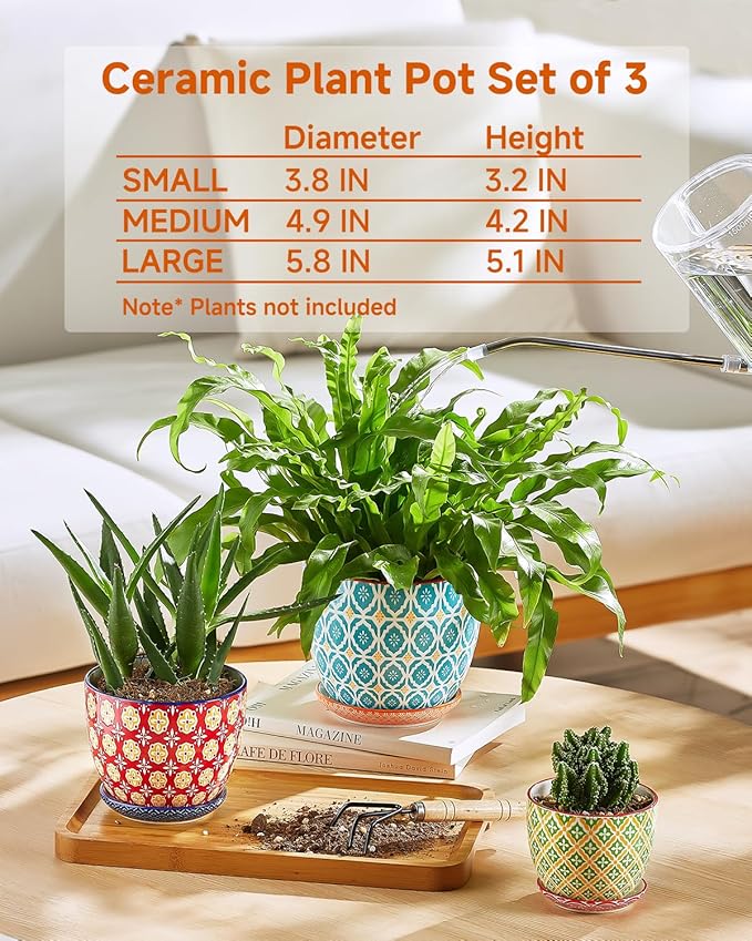 Metahom Ceramic Plant Pots, 3.8+4.9+5.8 Inch, Set of 3 Flower Pots with Drainage Hole & Saucer, Trio Planter Pots Set for House Plants, Home Decor, Vibrant Colors