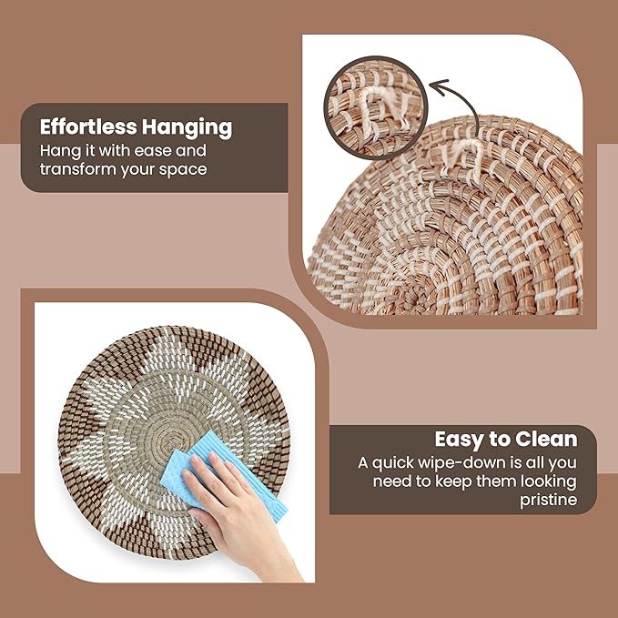 Boho Wall Basket Decor Set – 7 Seagrass Woven Baskets + Macrame | Handcrafted Natural Wall Art | Ready to Hang with Hooks Included | Boho Scandinavian Home Decor for Living Room Bedroom Entryway