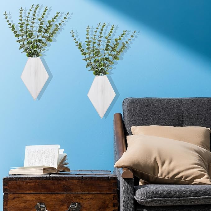 Chunful 2 Pcs Wooden Wall Planter Decor Hanging Fake Plants Greenery Flowers Holder Vase Boxes for Wall Bohemian Farmhouse Room Kitchen Office Indoor Decoration(Retro White,7.1 x 4.7 x 1.2 Inches)