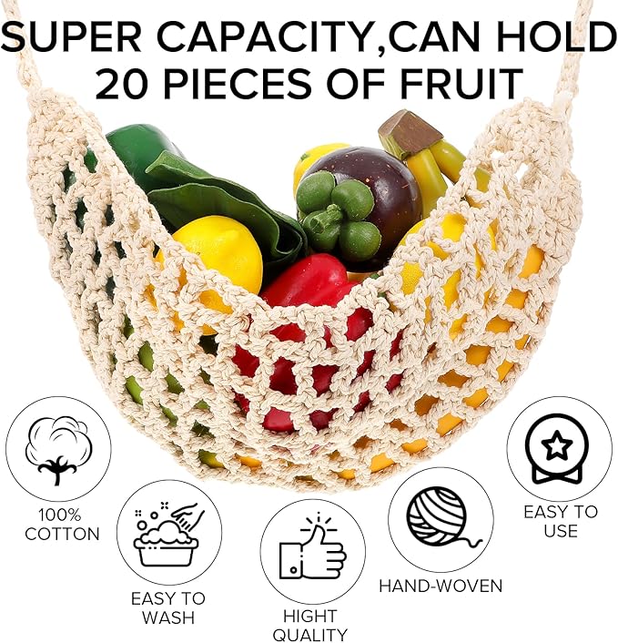 Hanging Fruit Hammock with Hooks Under Cabinet Macrame Basket for Kitchen Hand-Woven Boho Fruit Holder Net Organization Banana Basket for Home Dining Room Cabinet Decor Boat Camper Rv