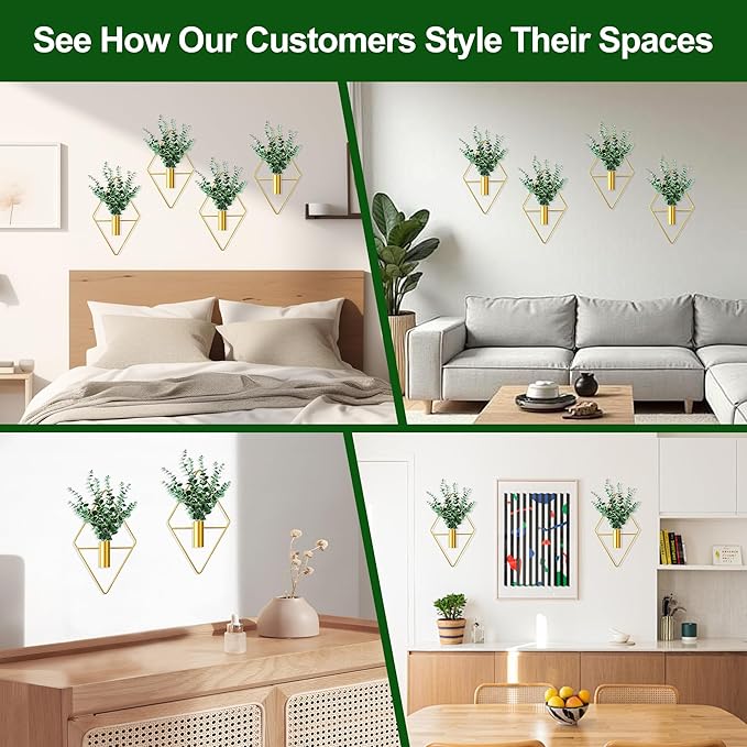2 Pack Gold Wall Decor Hanging Planters with Artificial Plants Metal Hanging Vase Indoor Plants Holder Modern Boho Wall Art for Bathroom Bedroom Living Room Office (Gold, Eucalyptus)