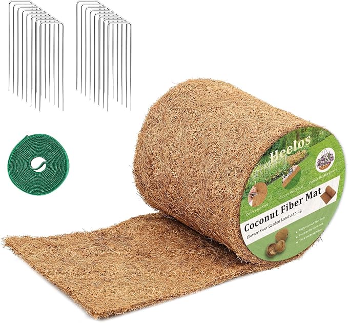 Thick Mulch Roll for Landscaping,120.1" x 6.5" Coconut Fiber Liner Mulch Mat with 16PCS U-Shaped Steel Stakes and Plant Ties Tape,Natural Coco Liner Pad Garden Edging Border Lawns Weed Barrier