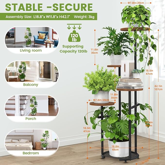 TOSKING 5 Tier Thickened Metal Plant Stand Indoor,Plant Shelf, Corner Shelf, Flower Pot Stand for Multiple Plants, Indoor Plants Tiered Stand for Living Room Balcony Garden Patio Bedroom (Black and Brown, 42in)