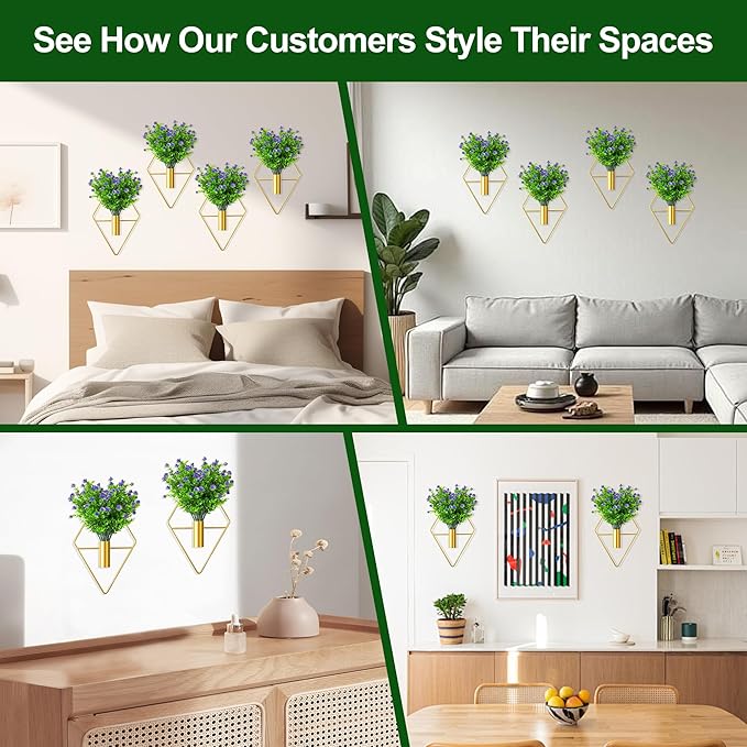 2 Pack Wall Decor Hanging Planters with Artificial Plants Metal Hanging Vase Indoor Plants Holder Modern Boho Wall Art for Bathroom Bedroom Living Room Office (Gold Eucalyptus)