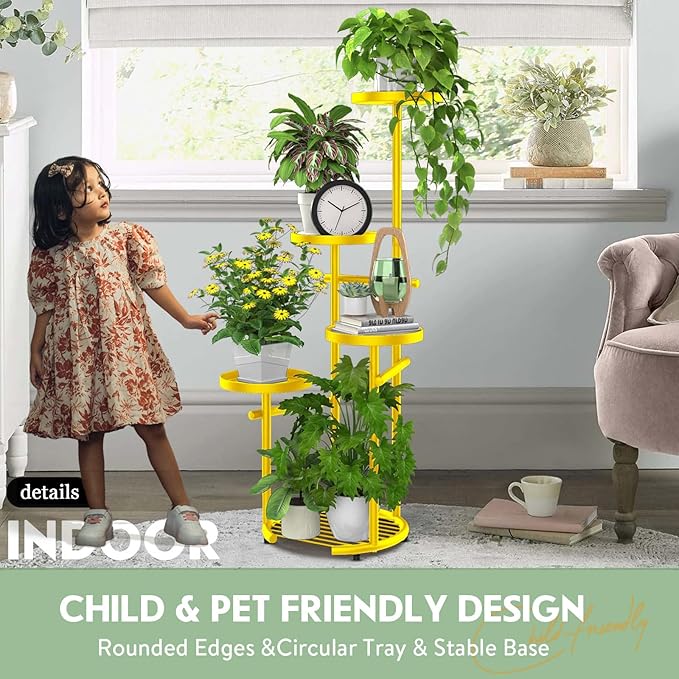 TOSKING 5-Tier Metal Plant Stand, Anti-Tip Round Base for Pots, Child & Pet Friendly, Space Saving Corner Shelf Flower Pot for Indoor Outdoor Use, Living Room Balcony Garden Patio Bedroom (Yellow, 38in)