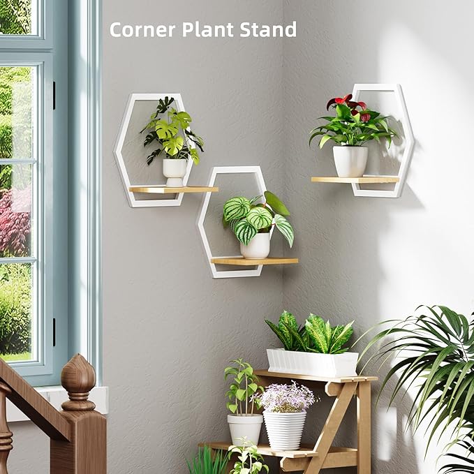 3 Pack Solid Wood & Heavy Duty Metal Wall Plant Stands,9 inch Natural Wood Shelf, Boho Arch Hanging Planter for Indoor 25 LB Load for Plants White