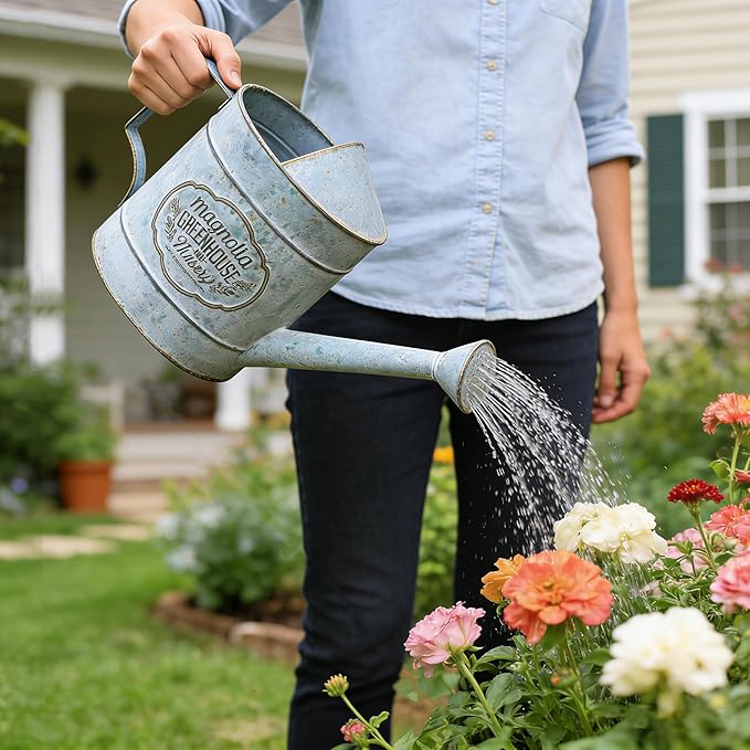 Vintage Galvanized Metal Watering Can, Magnolia Greenhouse Design, Decorative Watering Pot, Functional Garden Waterer for Indoor Outdoor Plant Care, Rustic Decor for Home Garden Patio