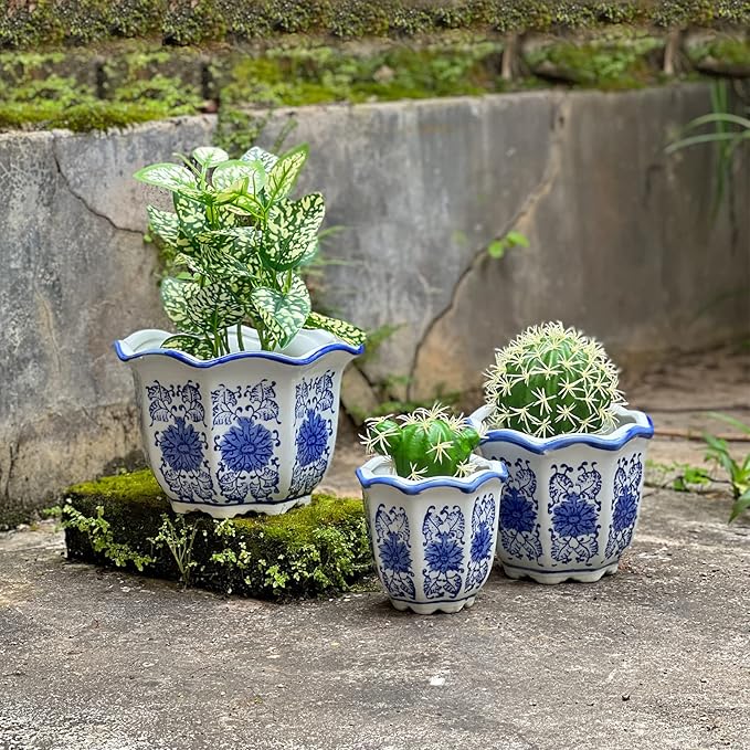 HakkaGirl Ceramic Pots for Plants, Chinoiserie Décor Ceramic Flower Pots Planters for Indoor Plants with Drainage, Blue and White, Set of 3