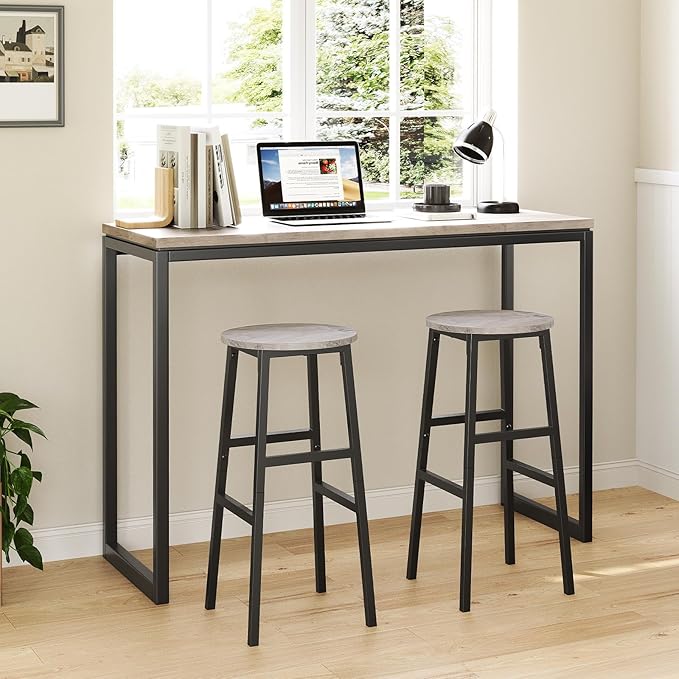 MAHANCRIS Bar Stools, Set of 2 Round Bar Chairs with Footrest, 28 Inch Kitchen Breakfast Bar Stools, Industrial Stools, Easy Assembly, for Dining Room, Kitchen, Greige BAHG02701