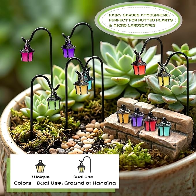 YAHUIPEIUS 7PCS Miniature Garden Stakes,Resin Mini Lanterns Decorative Potted Plant Stake with Metal Hooks Small Accessories for Terrarium Succulent Pots Indoor Outdoor Plants Decor
