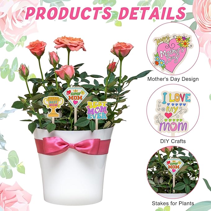 DoubleFill 15 Pcs Mother's Day Crafts Mom Plant Stakes Craft Kits Color Your Own Best Mom Plant Labels Gift DIY Unfinished Cutouts Present Tags for Mother's Day, Gardeners, Funny Gardening Gifts