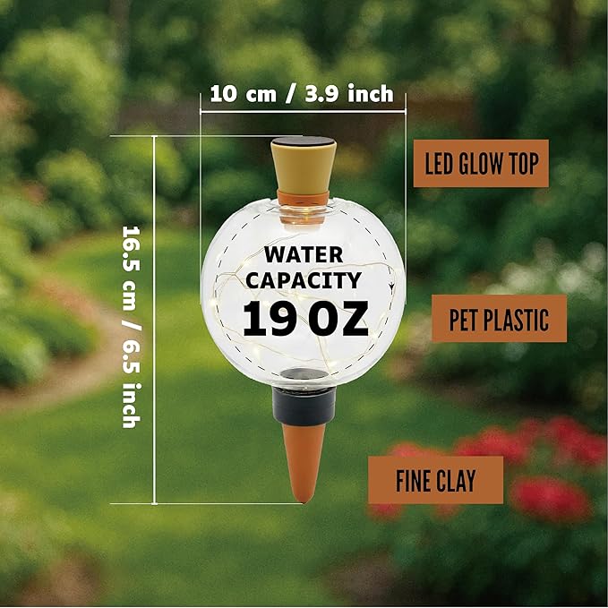 19 oz Extra Large Plant Self Watering Globes Top Fill, LED Night Light Classic Globe Plastic Water Bulbs, Automatic Plant Waterer for Indoor Outdoor Houseplants, Slow Release Planter Insert, 2 Pack