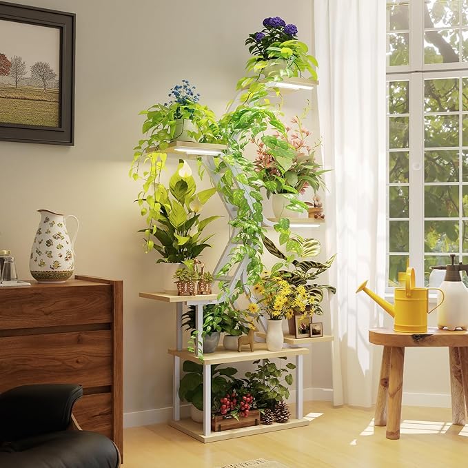 White Plant Shelves with Grow Lights: 7-Tier 65" Tall Modern Plant Stand for Indoor Corners, Living Room Display or Bedroom Gardening Rack