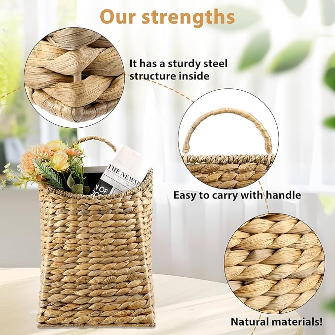 2 Pack Woven Hanging Basket Set, Wicker Wall Baskets Handmade Seagrass Planters for Front Door, Garden, Farmhouse Home Decor
